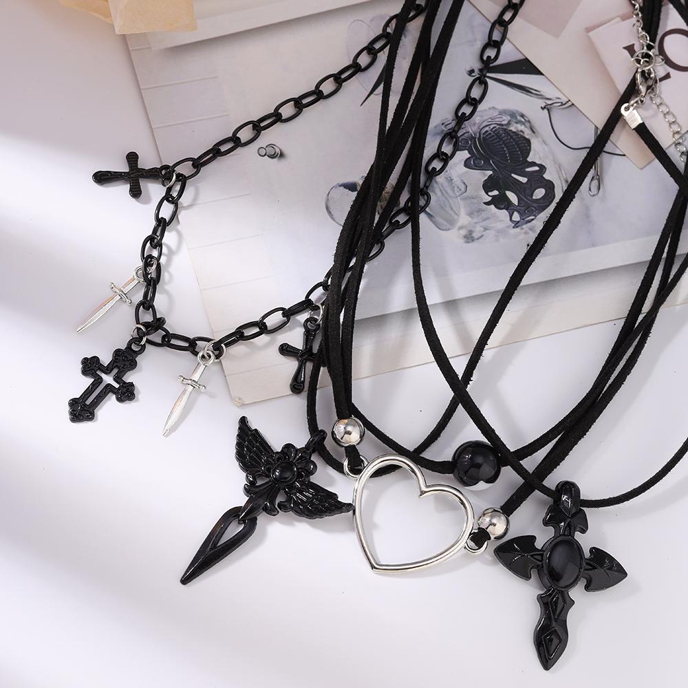 Cool Gothic Black Cross Pendant Necklace for Women Men Love Heart Leather Rope Necklaces Streetwear Hip Hop Punk Jewelry Gifts