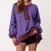 Women's Fashion Striped Round Neck Long Sleeve Button Top Color Blocked  Pullover Sweatshirt Top