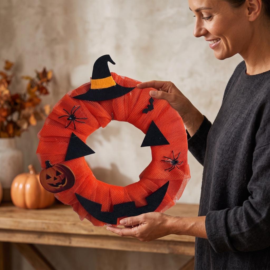 Halloween-Kranz mit Kürbis und Dekoration für festliche Wohnraumdekoration