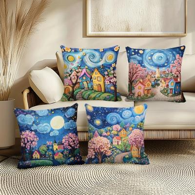 Enchanting Starry Night Village Pillow Covers Pattern Cushion Cover Suitable for Sofa Bedroom Car Pillow Cover