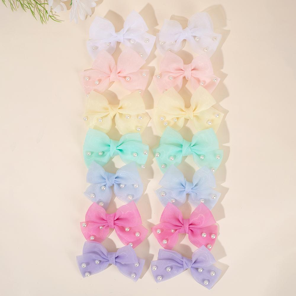 14Pcs Mini Sparkling Pearl Hair Clips Cute Sweet Girls Side Clip Barrettes Shiny Hairpin With Bow Accessories Headdress