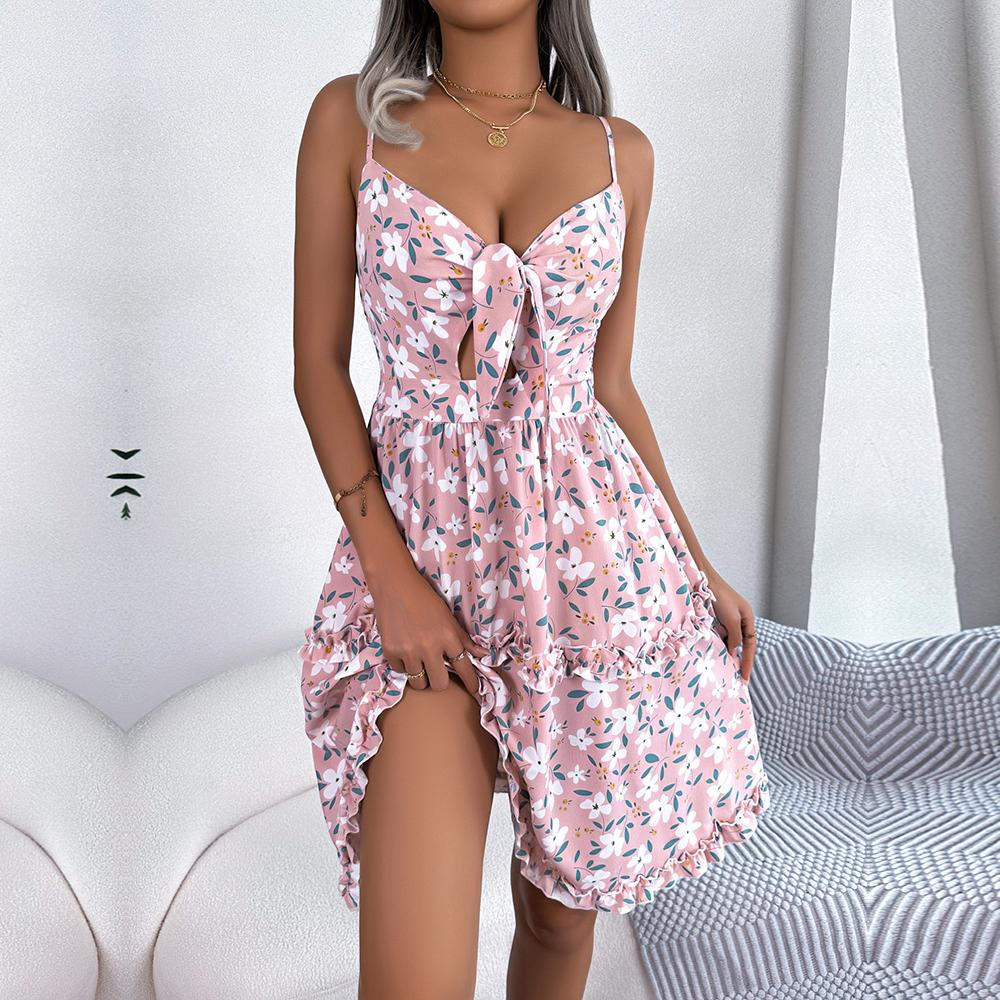 Dámské jarní letní květinový motýlek s dřevěným uchem dutýma šaty s elegantním potiskem na pásek