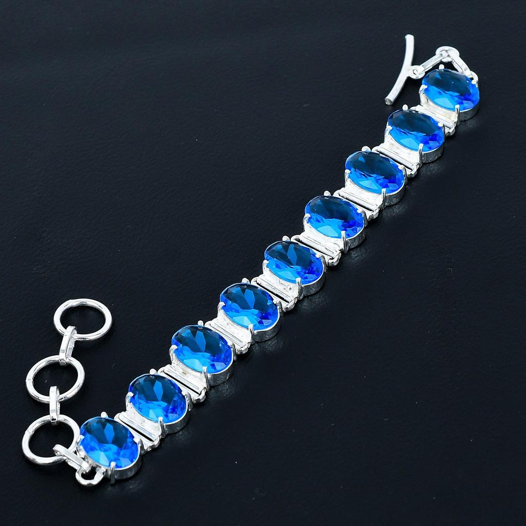 London Blue Topaz Armband 925 Sterlingsilber Armband Verstellbares Kettenarmband Handgefertigtes Boho-Armband Blautopas Edelstein Schmuck Partykleidung Geschenke