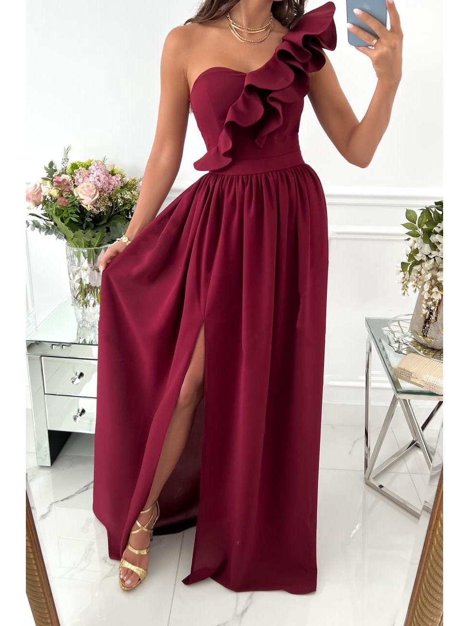 

Платье без рукавов с оборками по подолу и разрезом - Европейский и американский женский стиль Large вино красного