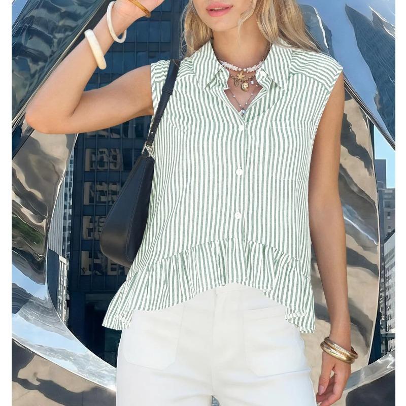 Camicia da Donna a Righe Senza Maniche con Bottoni, Orlo Arricciato e Taschino sul Petto, Top Estivo Casual Multicolore