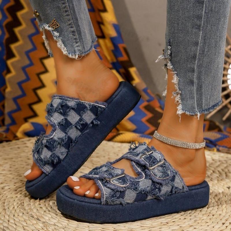 Mode Damenmode Schnallenriemen Denim Karomuster Lässige Flache Slipper 2025 Sommer Offene Zehen Ausgehöhlt Bequem Vielseitige Sandalen