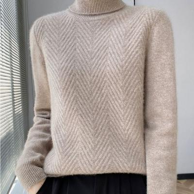 Herbst Winter Dicker Reiner Wollpullover - Rollkragen Rippendetail Pullover, H-Linie Reguläre Passform Langarm Oberteil mit Schirm Saum