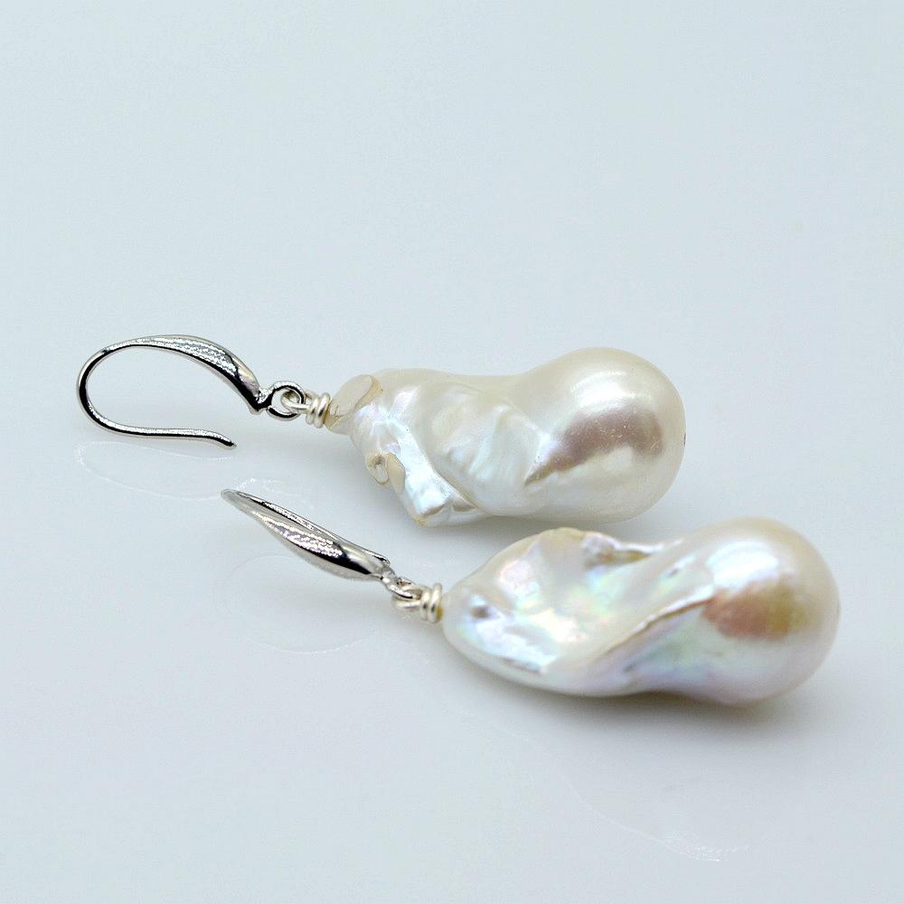 Orecchini da donna con pendente in perla bianca naturale grande, orecchini in argento con sfera di fiamma, orecchini pendenti con perla barocca grande, spedizione gratuita