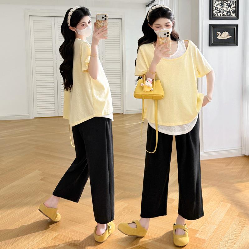 2026 Spring/Summer Plus Size Maternity Patchwork Top - Short Sleeve Trendy Mom Fashion