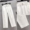 DIMANAF 2023 Plus Size Summer Jeans Capris Pants Women Elastic Pants Loose Casual Female Harem Trousers Pants White 5XL
