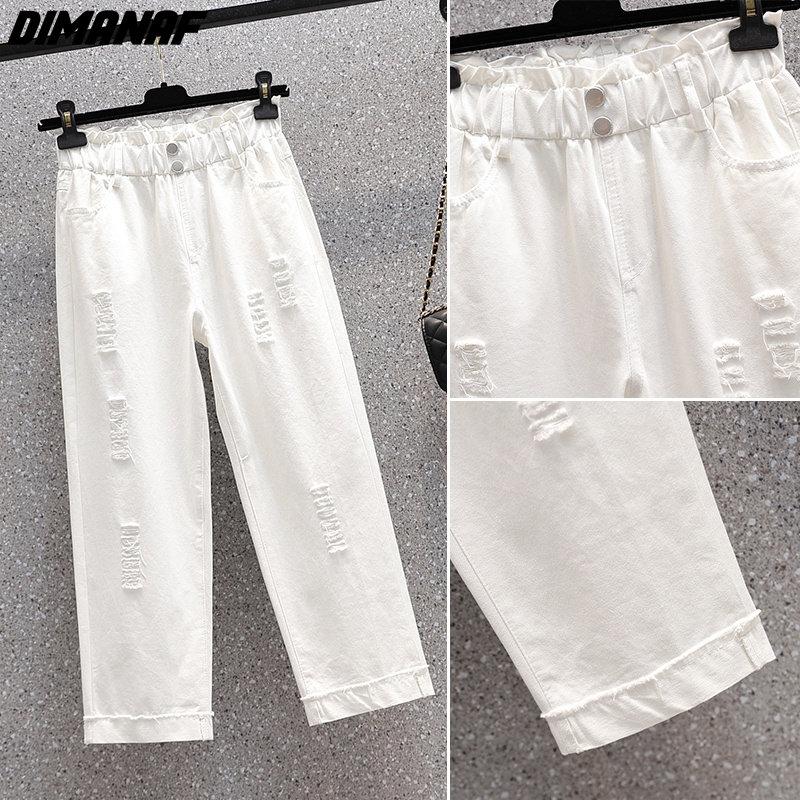 DIMANAF 2023 Plus Size Summer Jeans Capris Pants Women Elastic Pants Loose Casual Female Harem Trousers Pants White 5XL