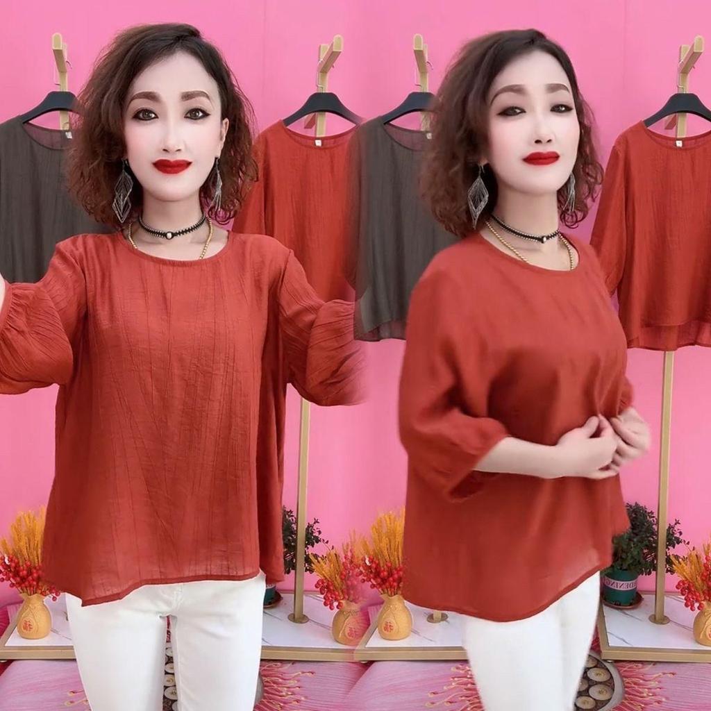 2024 Damen Tencel Baumwolle Leinen Mittellangärmelige Lockere Freizeitbluse mit Schlankmachender Bauchkontrolle für Mittelalte und Ältere