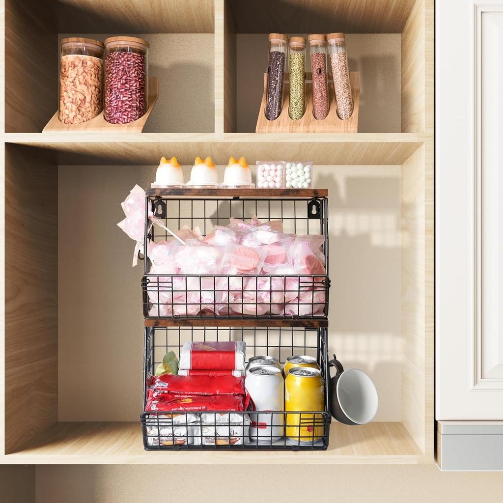 Fruit Basket, 2 Tier Fruit Basket, 2pcs Kitchen Organizer Basket with Wooden Lid Stackable and Wall Mountable Basket for Snacks and Vegetables Storage