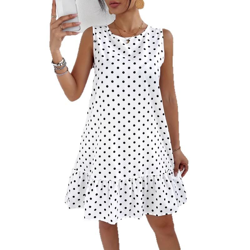 Batwing Hem Dress with Sleeveless Polka Dot Print - Cute and Playful Women's Clothing