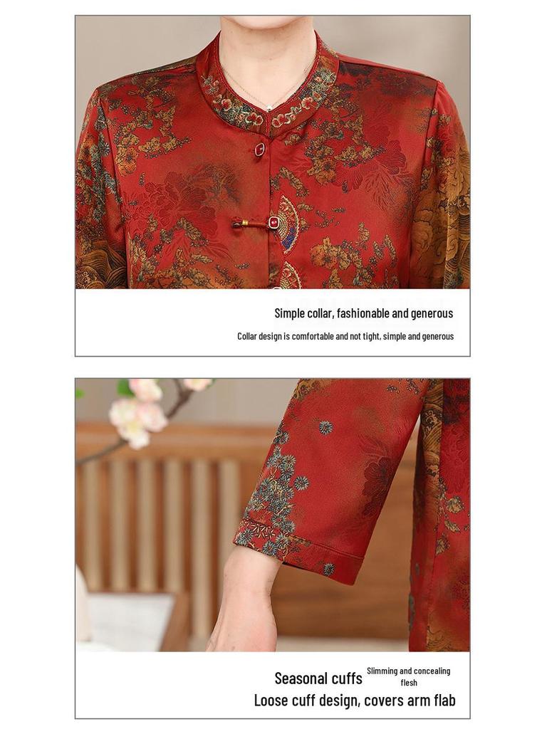 Omas Sommer Chinesischer Stil Tang Anzug Hemd für Damen - Stehkragen, Modisches Oberteil für Mütter mittleren und höheren Alters