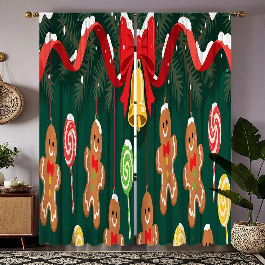 Christmas Gingerbread Man Printed Curtains Pole Bag Decorations Daily Home Room Made Of Polyester