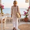 Women's Casual Vacation Floral Deep V-Neck Three-Quarter Sleeve Blouse with Puff Ruffle Cuffs
