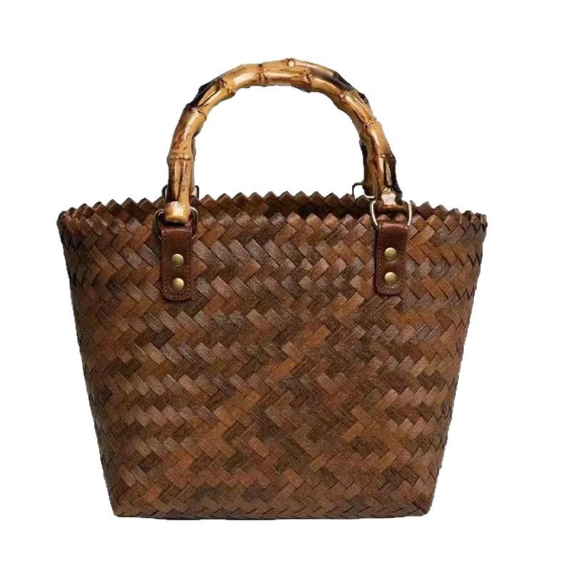 Elegant Handmade Bamboo Woven Tote – Stylish Rattan-Style Beach & Makeup Bag