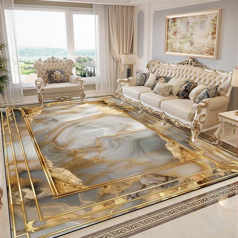 Luxurious Gold Carpets for Living Room Marble Style European Decoration Sofa Area Rugs Non-slip Bedroom Washable Soft Floor Mat