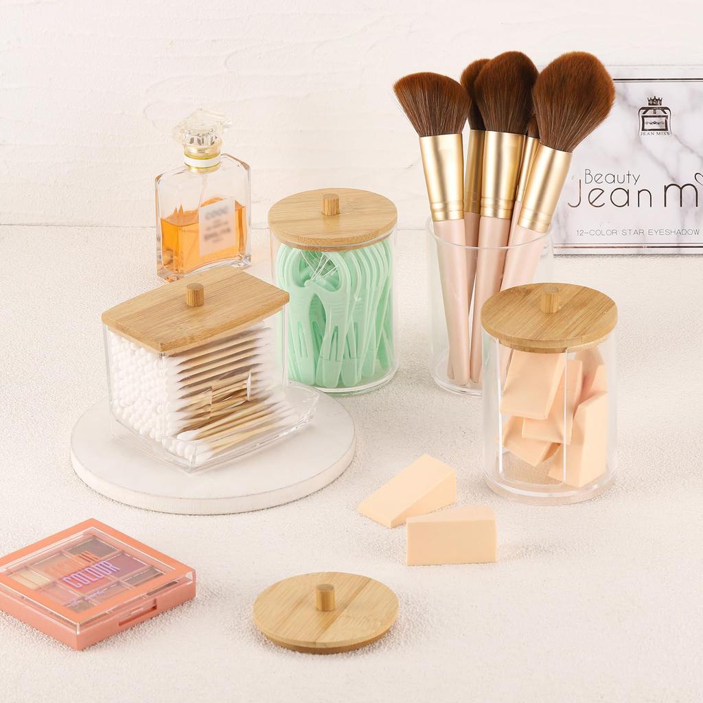 4 Pack Cotton Swab Holder Dispenser, Apothecary Jars Restroom Bathroom Containers for Floss, Cotton Ball, Cotton Swab