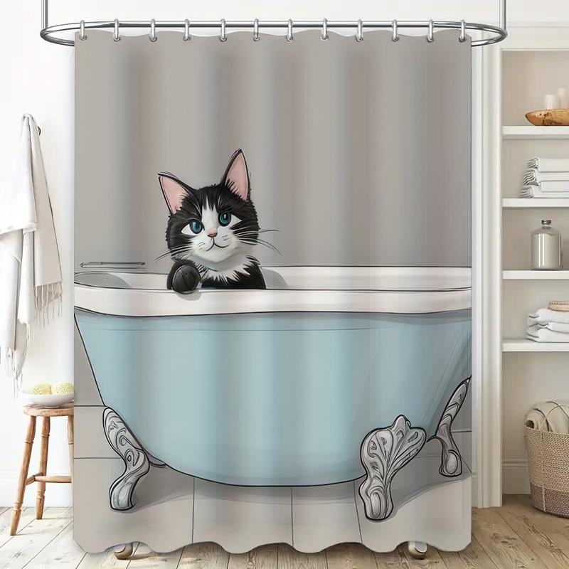 Adorable Cat Bath Mat: Non-slip Rubber Bathtub Rug Perfect for Home Decor Modern Cartoon Print Shower Floor Mat with Soft Microf