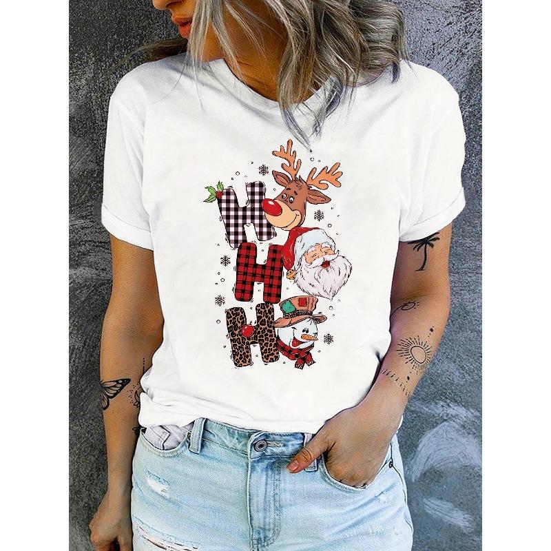 Santa Claus Novel H Letter Snowman Reindeer Graphic Breathable Print Round Neck Short Sleeve Christmas T-Shirt Casual Shirt New Women's Holiday Top