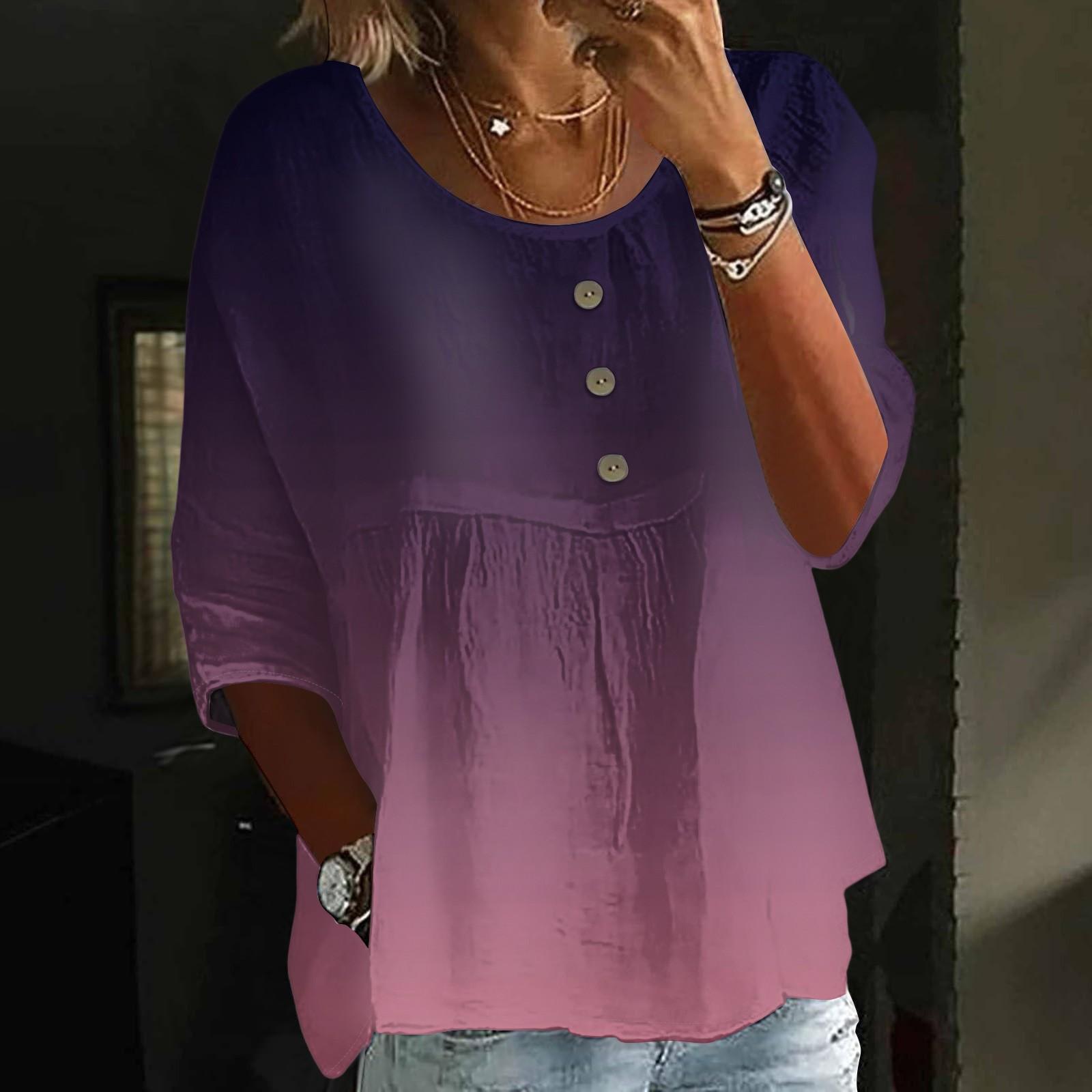 

Women s Casual Fashion Three-quarter Sleeve Loose Round Neck Button Gradient Print Top XXL