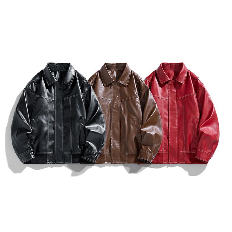 Autumn New American Retro Lapel Leather Jacket Men's Maillard Couple Casual Jacket Coat Top