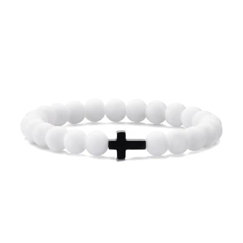 Black & White Frosted Agate Cross Couple Bracelets - Elastic Cord