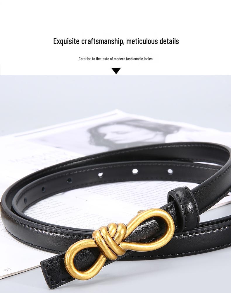 Women's Genuine Leather Bowknot Waist Belt - Simple, Versatile, Thin Cowhide Accessory for Dresses, Skirts, Shirts, and Trousers.