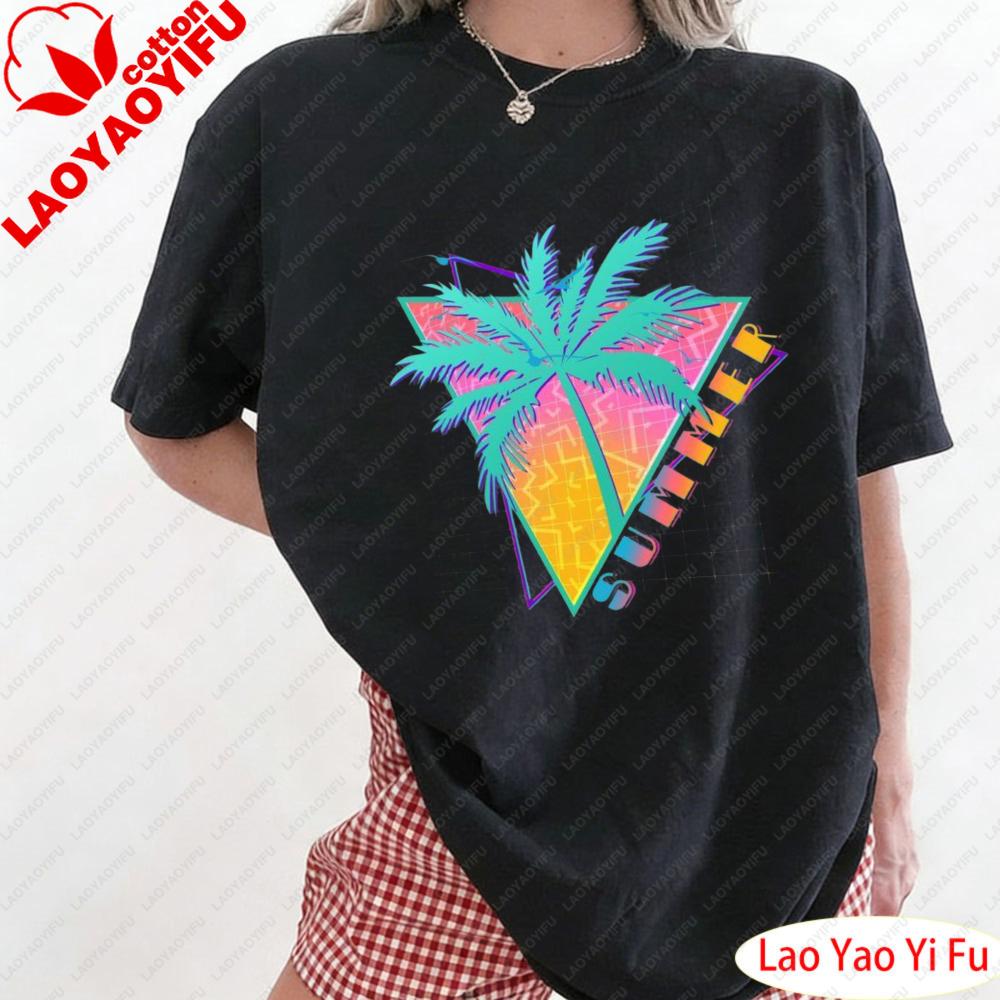 Retro Vintage 1980s Summer Palm Tree Summer Vacation Time TShirt Beach Music Festival Fashion Party with Palm Tree Pattern Tops S
