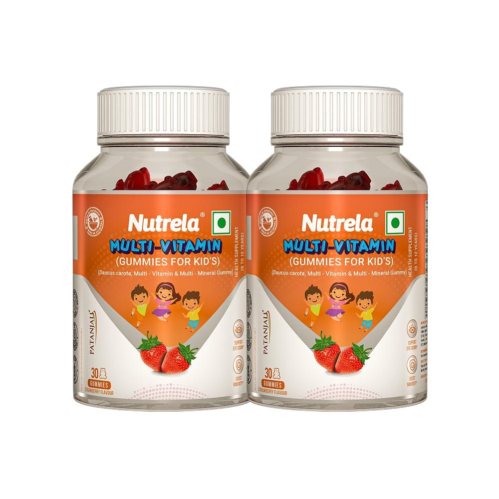 Nutrela Kids Multivitamin Gummies Strawberry Flavour 30 Gummies X Pack of 2 For Age 5+ Boost Immunity Bone Energy