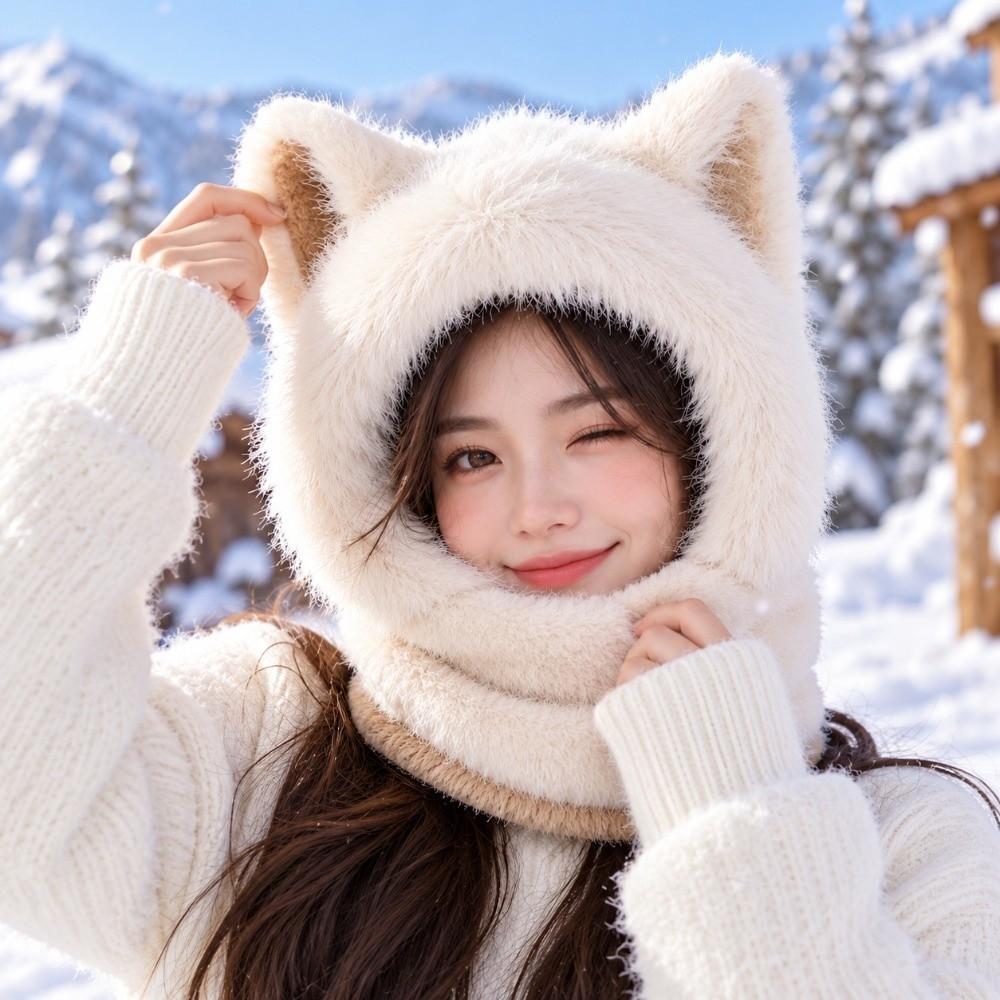 Fox Ear Design Women's Scarf Hat keep warm Integrated Bean Hat Cute Fluffy Hat Scarf Winter
