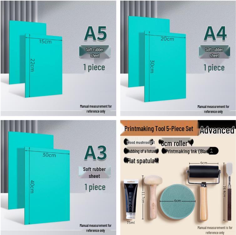 Double-Sided Green A4 Soft Rubber Printmaking Carving Plate Set with Ink Pad