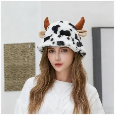 Autumn Winter Adorable Cow Print Influencer Fisherman's Hat Plush Beanie Warm Bucket Hat for Women Thickened Cow Print Hat