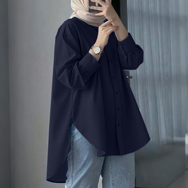 ZANZEA Blusa Casual para Mujer con Cuello Solapa Dobladillo Asimétrico Manga Larga Holgada