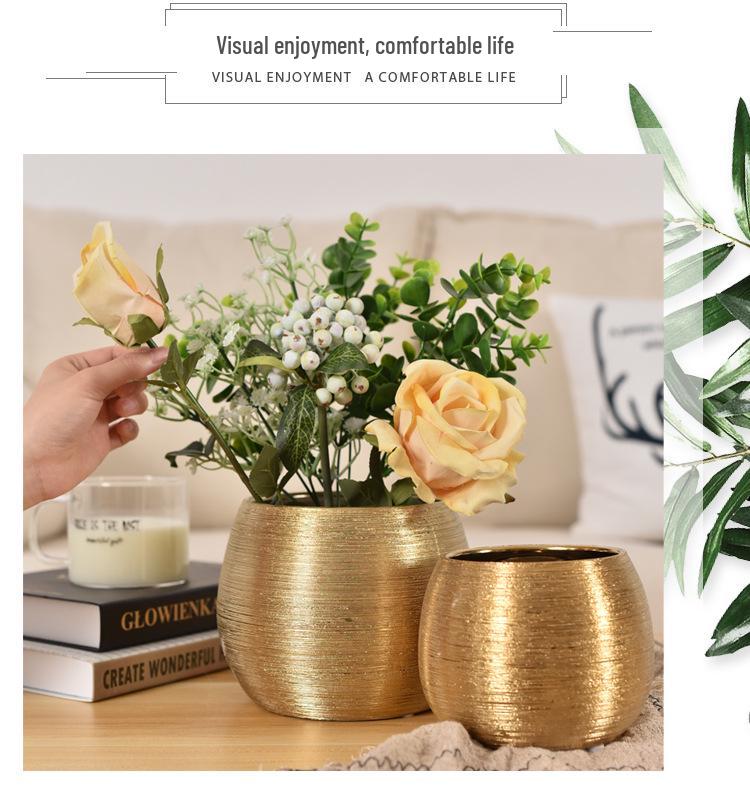 European Style Gold-Plated Ceramic Succulent Pot - Round Brushed Vase for Living Room Decor