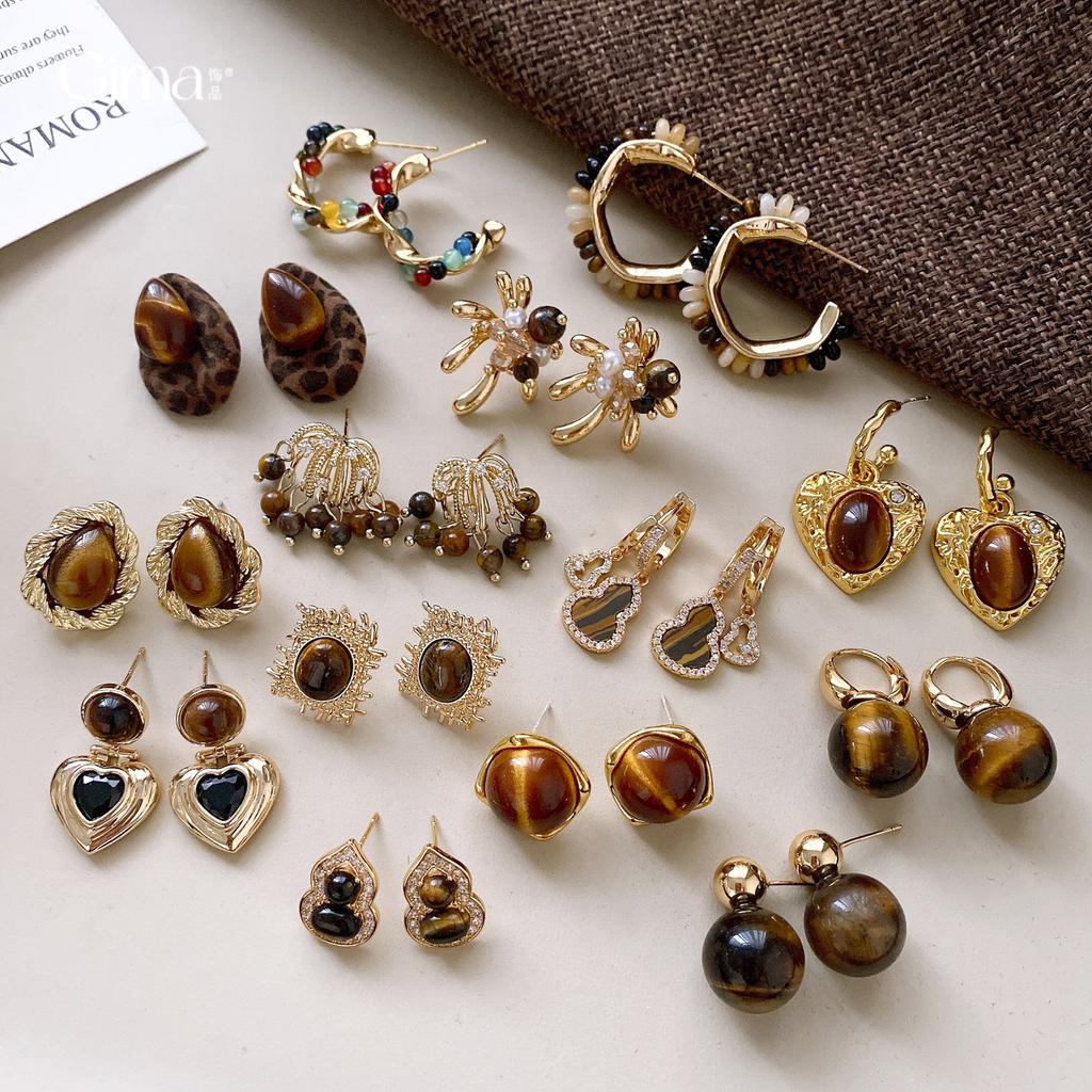 Maillard coffee color love gourd tiger's eye stone earrings earrings earrings design sense