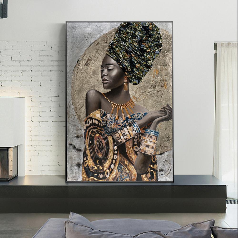Black Gold Nude African Woman with Exquisite Headdress Oil Painting On Canvas Posters and Prints Scandinavian Wall Art Picture