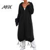 Women Outdoor Coats Long Hooded Jacket for Fall Winter, Loose Oversized Casual Autumn Zip-Up Outerwear Coat, Solid Color Tunic Hoodie Top with Pockets