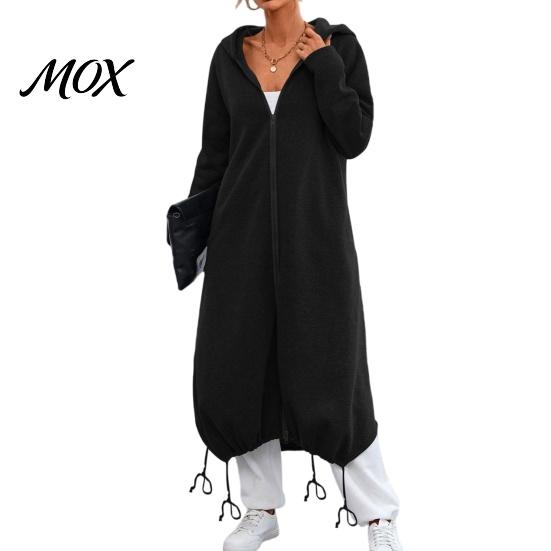 Women Outdoor Coats Long Hooded Jacket for Fall Winter, Loose Oversized Casual Autumn Zip-Up Outerwear Coat, Solid Color Tunic Hoodie Top with Pockets