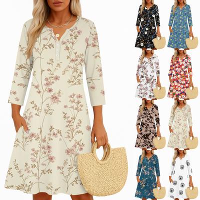 Kadınlar İçin Elbiseler İlkbahar Yazlık Elbiseler Kadın Günlük 3/4 Kol Elbise V Yaka Boho Çiçek Desenli Elbise
