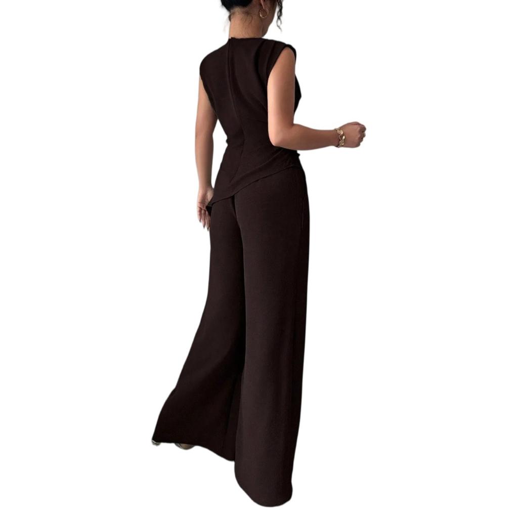 Women's 2-Piece Fashionable Casual Sleeveless Asymmetric Top And Wide-Leg Pants Set