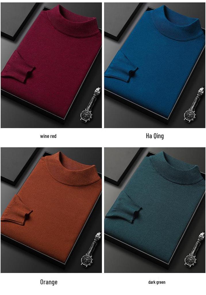 Men's High Neck Slim Fit Knit Sweater - Solid Color, Stretchy, Warm Autumn/Winter Wear for All Ages
