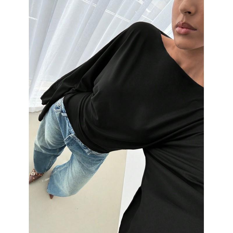 Womens Solid Color Off-Shoulder Long Sleeve Top With Flared Sleeves Slim Fit Knit Blouse 2026