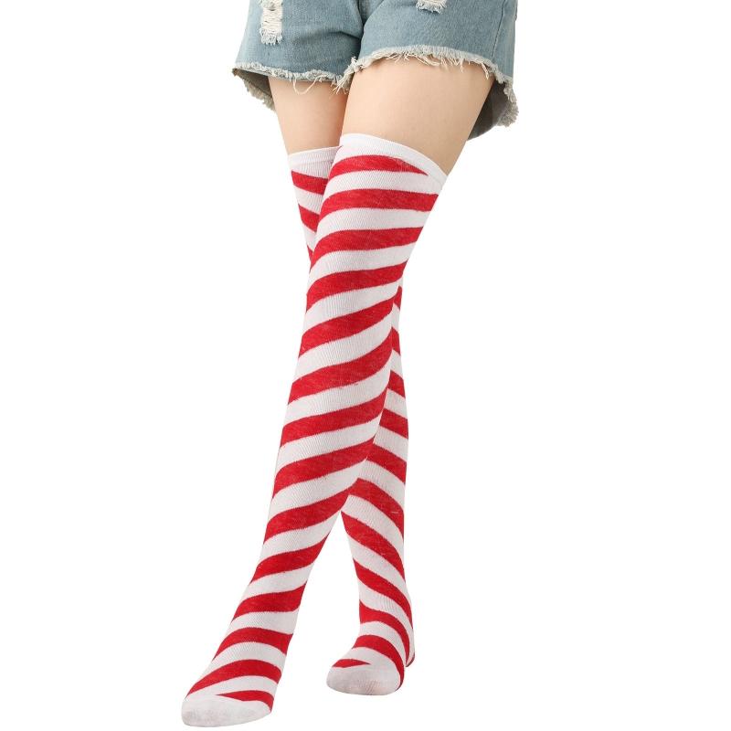 Women Girls Over Knee Long Socks Christmas Diagonal Striped Print Christmas Thigh High Stockings Holiday Party Hosiery