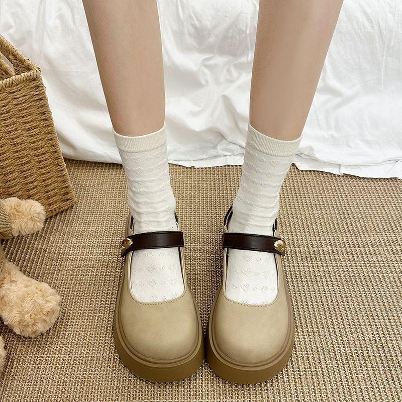 Mary Jane Love Thick Heel Small Leather Shoes Women's 2025 Spring New British Style Retro Platform French Round Head Single Shoes