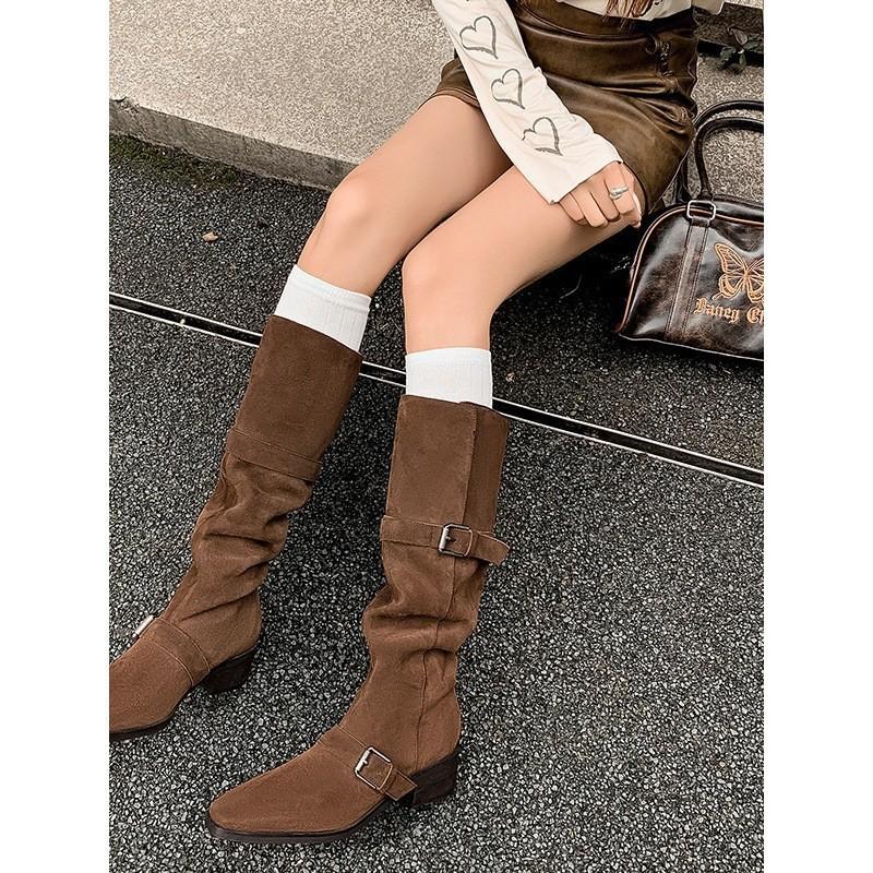 

Frosted boots but knee women s boots stacked boots lapel two wear medium heel fashion boots 40 коричневий