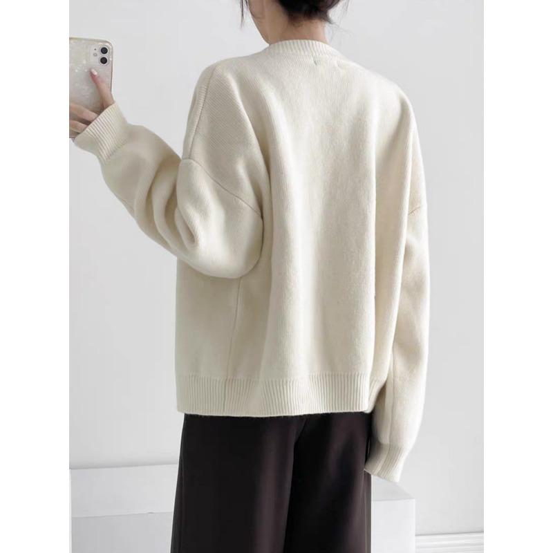 Autumn Winter Round Neck Solid Color Simple Knitting Outwear Women Casual Fashion Cardigan Coat Button Top