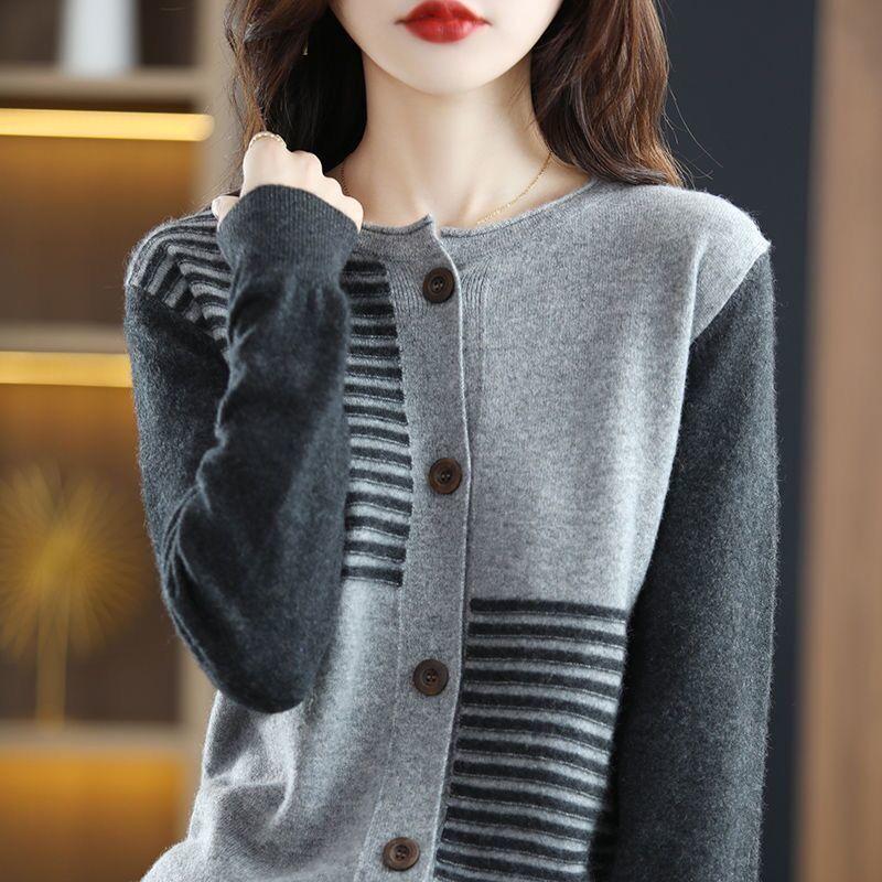 

Весняно-осінній жіночий в язаний кардиган з круглим вирізом Вільний светр у смужку В язаний светр осінь та зима 2XL